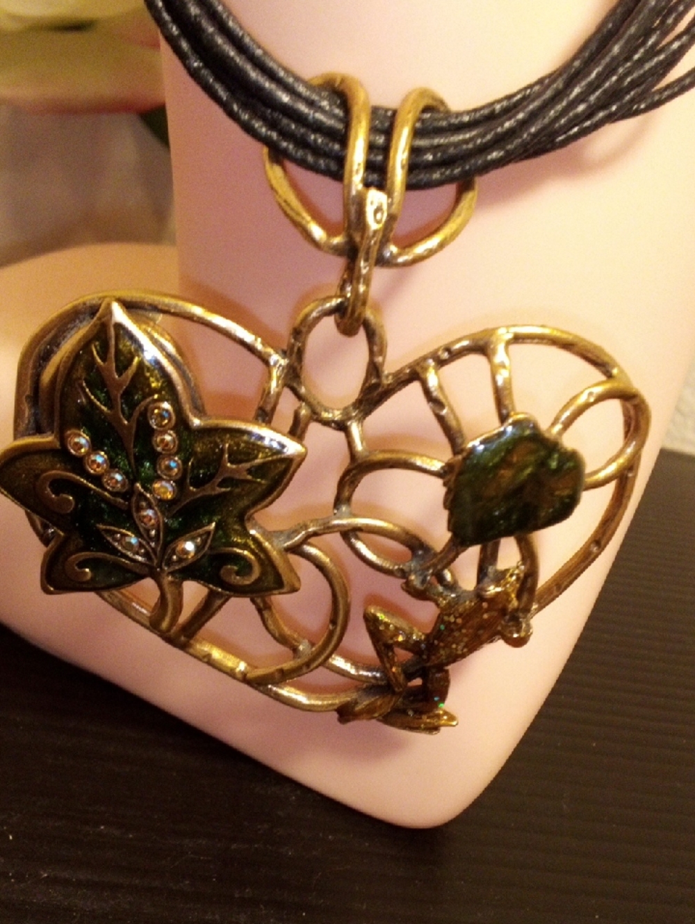 Gold-Tone Heart Leaf Pendant Necklace with Black Cord